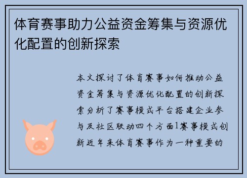 体育赛事助力公益资金筹集与资源优化配置的创新探索