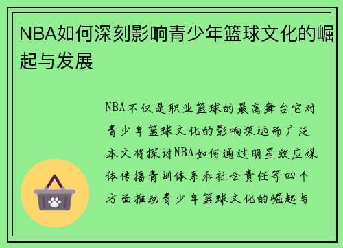 NBA如何深刻影响青少年篮球文化的崛起与发展